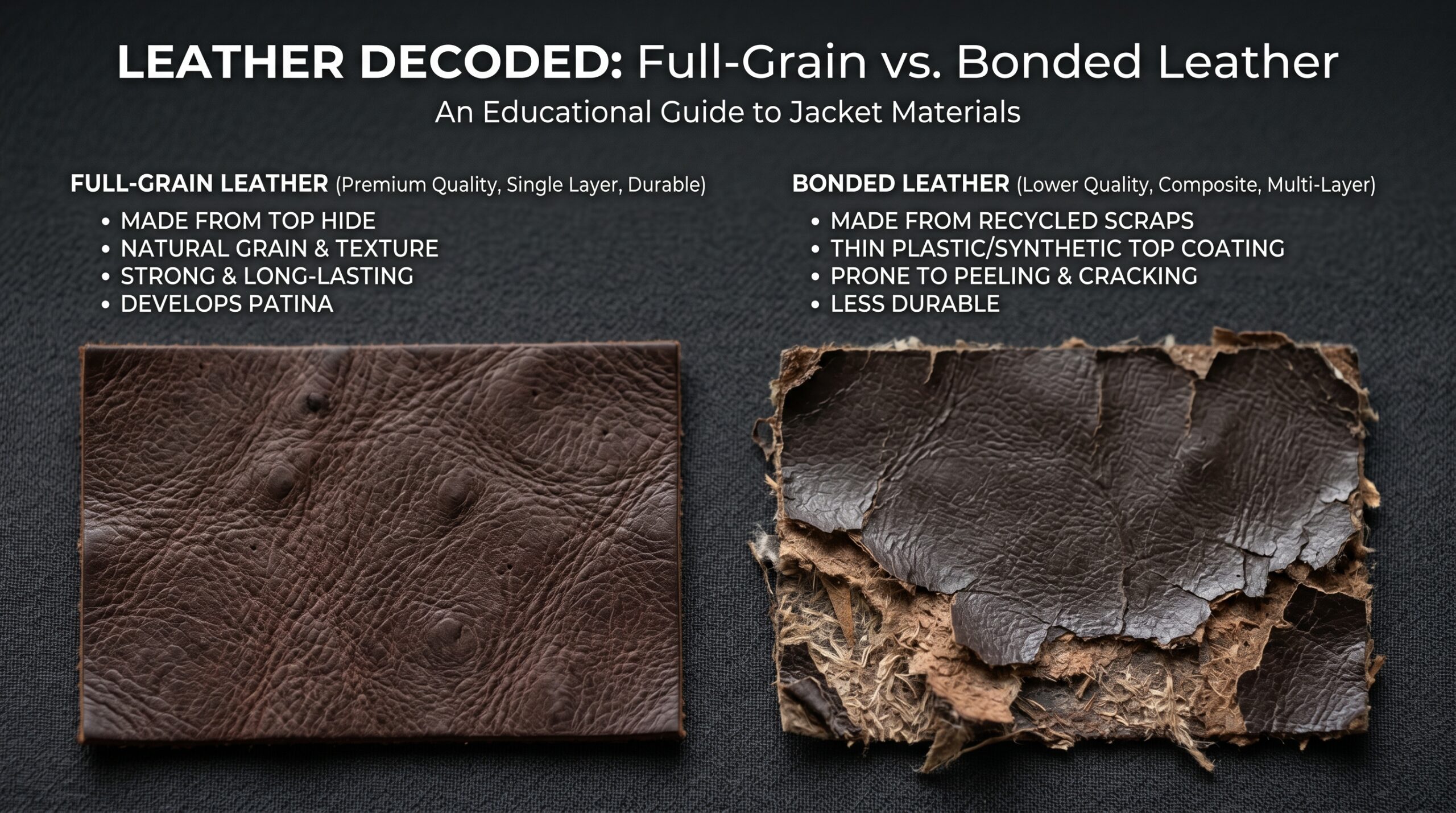 Bonded leather and full-grain leather jacket material comparison