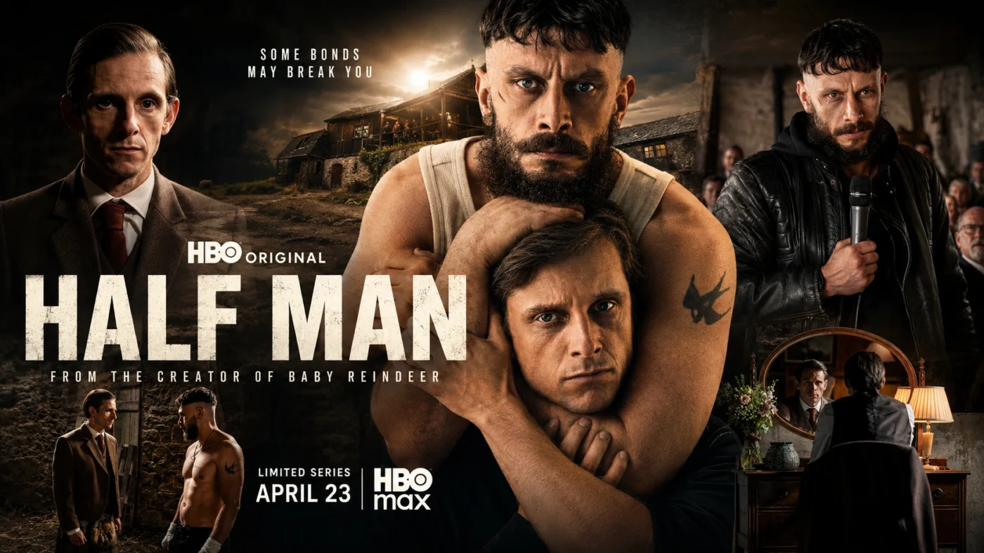 Half Man 2026 HBO Max limited series banner featuring the two lead characters in a tense psychological drama set in a rural countryside