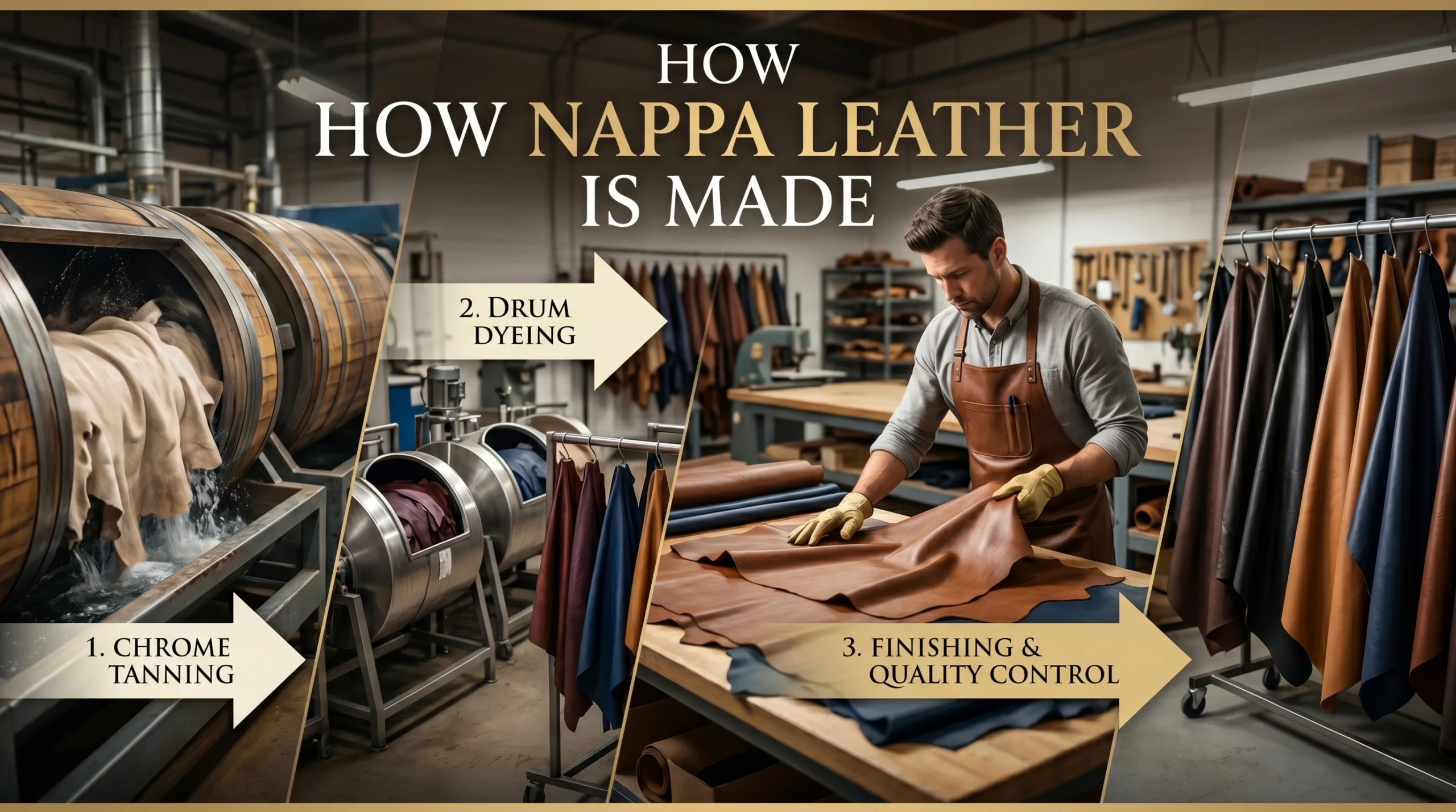 How Nappa Leather Is Made showing chrome tanning, drum dyeing, and leather finishing process in a professional manufacturing facility