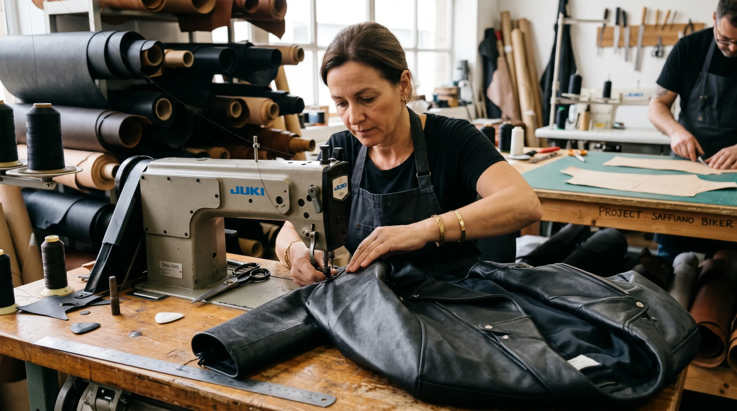 Saffiano leather jacket panels showing embossed cross-hatch texture during the manufacturing process