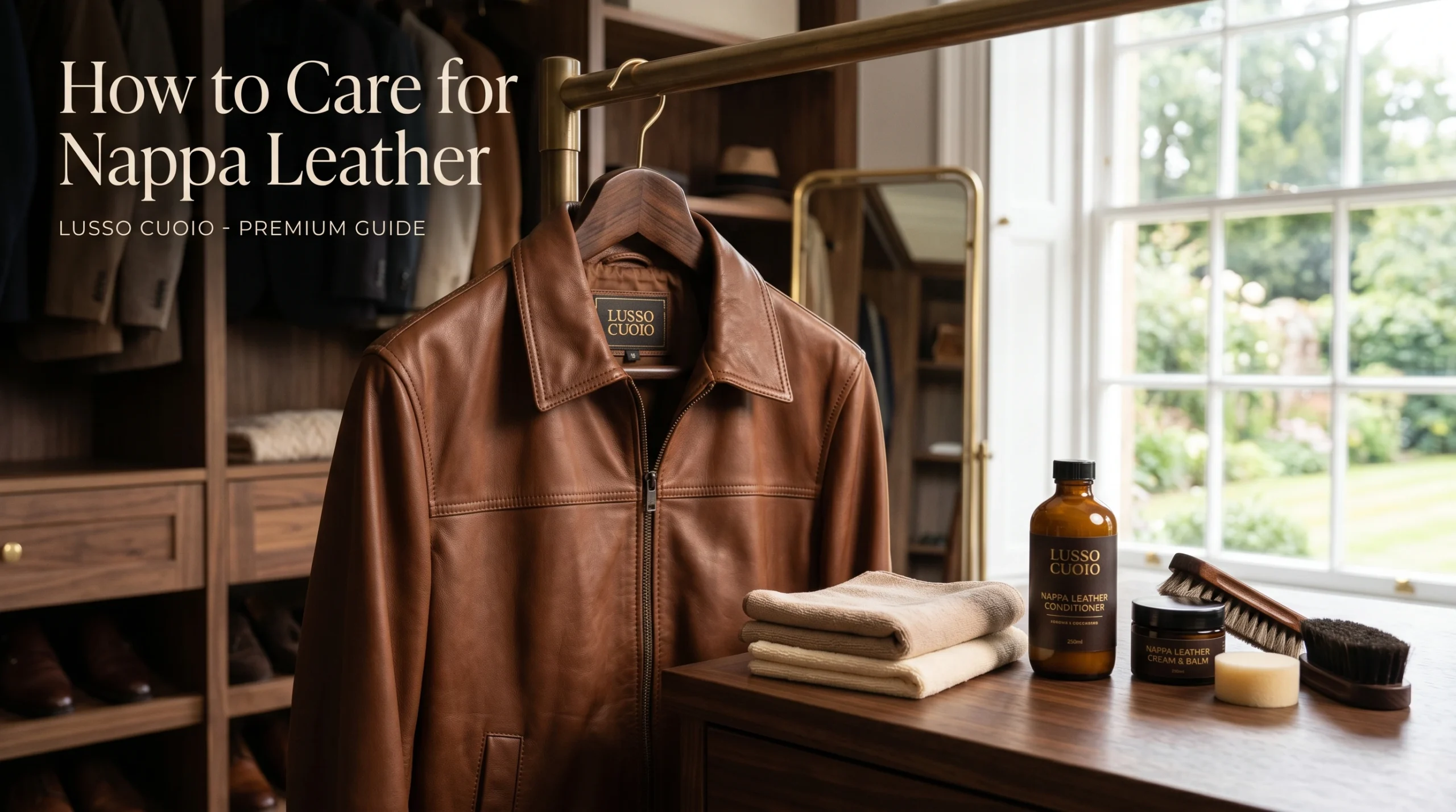 How to Care for Nappa Leather brown leather jacket with leather conditioner, cloths, and maintenance accessories