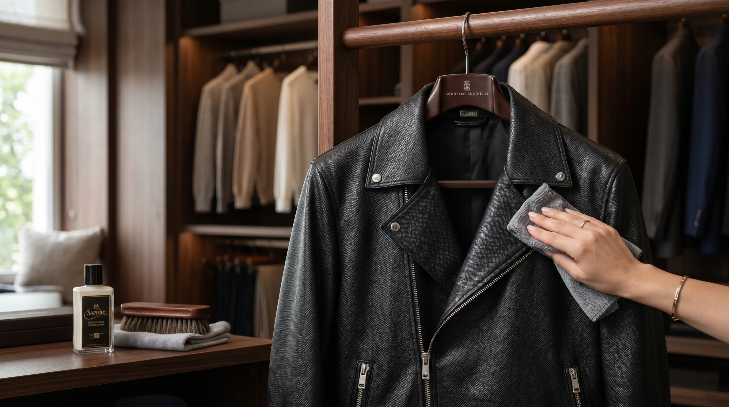 Saffiano leather jacket being cleaned with a microfiber cloth to maintain its textured finish