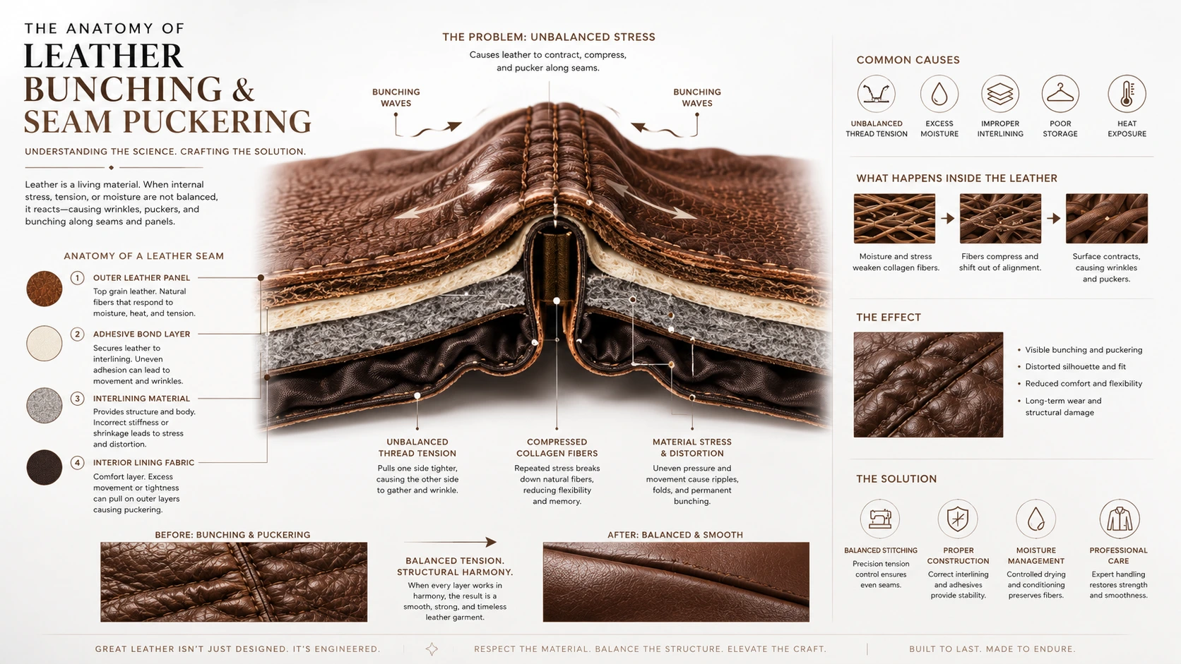 Technical leather jacket seam cross-section showing leather layers, compressed collagen fibers, thread tension, and seam puckering formation.