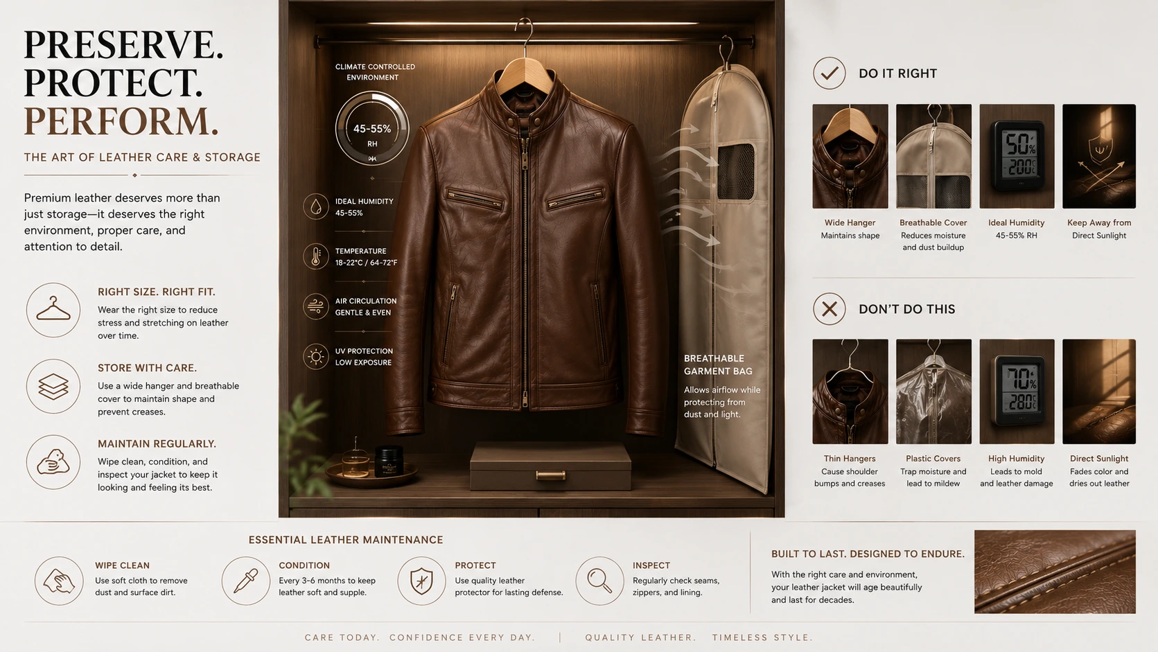 Three-step leather jacket restoration process featuring low heat pressing, controlled steam relaxation, and natural reshaping techniques.