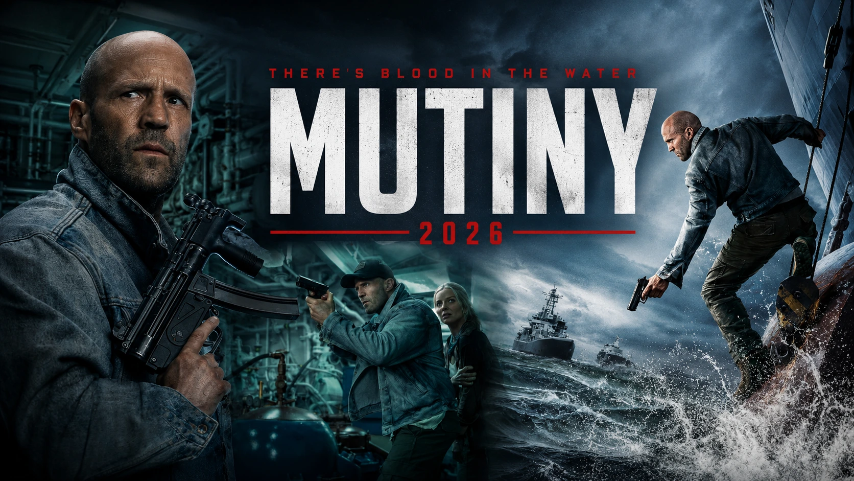 Jason Statham as Cole Reed in Mutiny 2026 official poster wearing a distressed denim jacket holding a rifle with stormy sea and warship in background