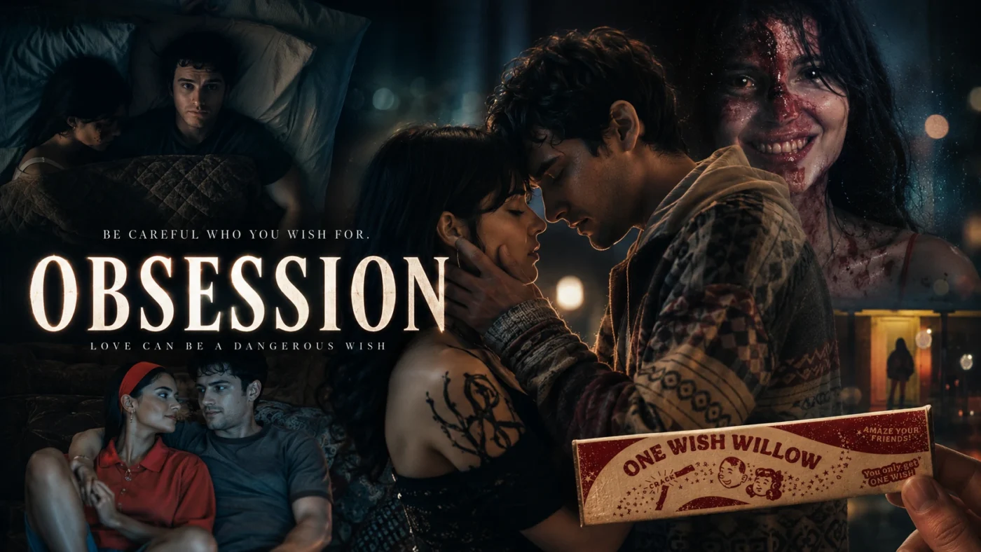 Obsession 2025 movie official banner showing Bear and Nikki Freeman with the One Wish Willow from Curry Barker supernatural horror film