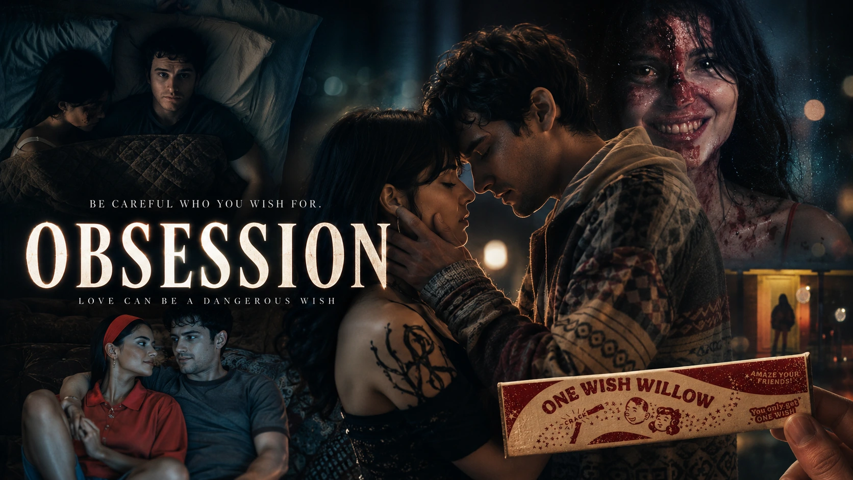 Obsession 2025 movie official banner showing Bear and Nikki Freeman with the One Wish Willow from Curry Barker supernatural horror film