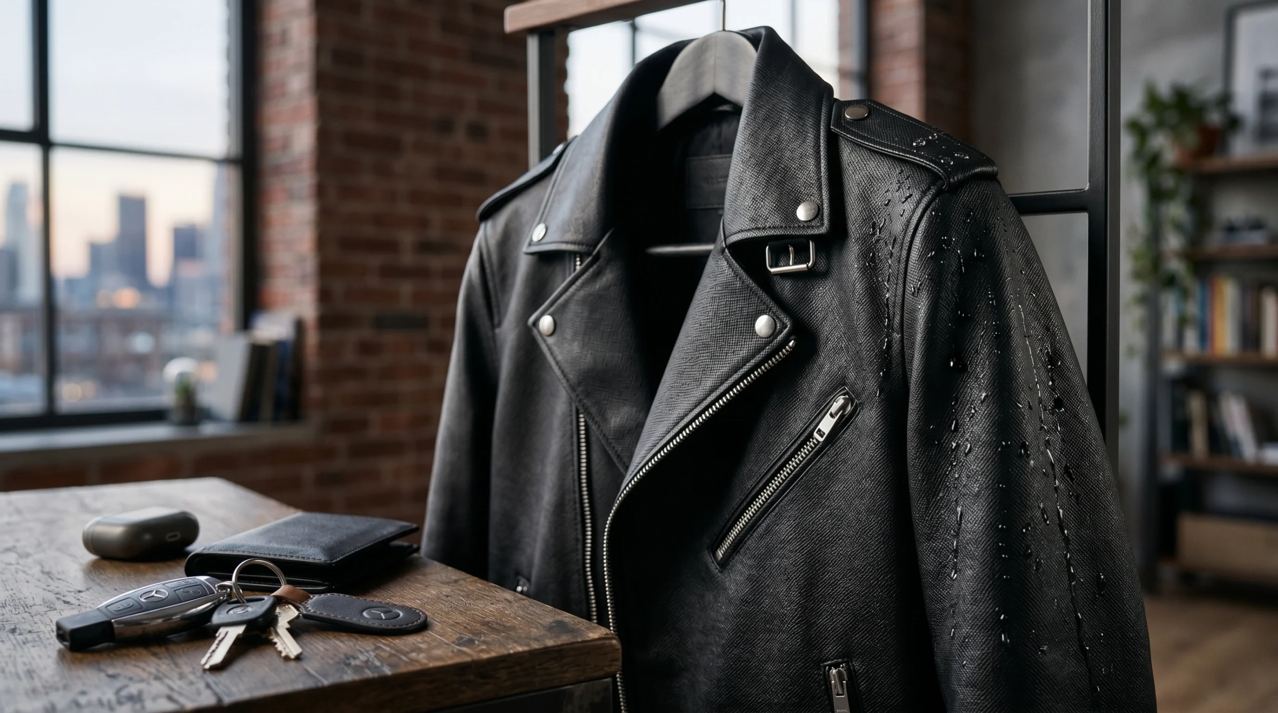 Black Saffiano leather jacket displaying scratch-resistant texture and water-resistant surface
