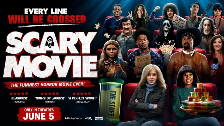 Scary Movie 2026 official movie poster featuring full cast including Anna Faris, Regina Hall, Marlon Wayans and Ghostface, releasing June 5 in theaters