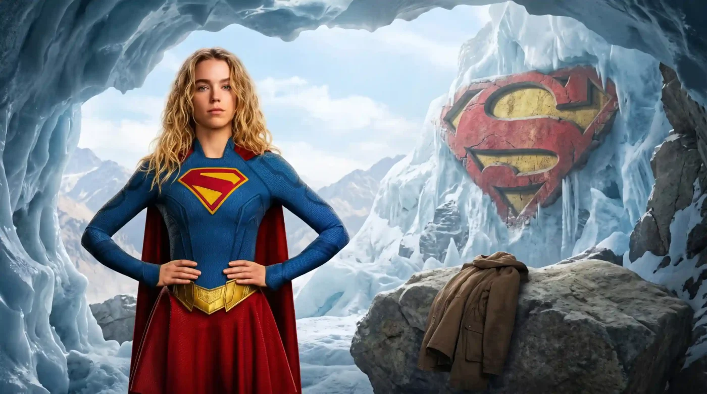 Supergirl 2026 costume inspired look in an icy Kryptonian cave with red cape, blue suit, and frozen S emblem