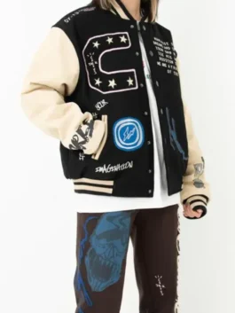 Fragment Manifest Letterman Jacket in professional black wool fabric with a luxury rib knitted collar finish.