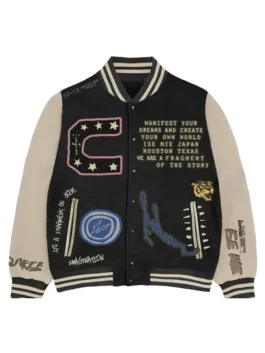 Fragment Manifest Letterman Jacket featuring a professional snap tab button closure and luxury black finish.