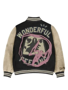 Fragment Manifest Letterman Jacket back view highlighting professional graphic patches and luxury texture alignment.