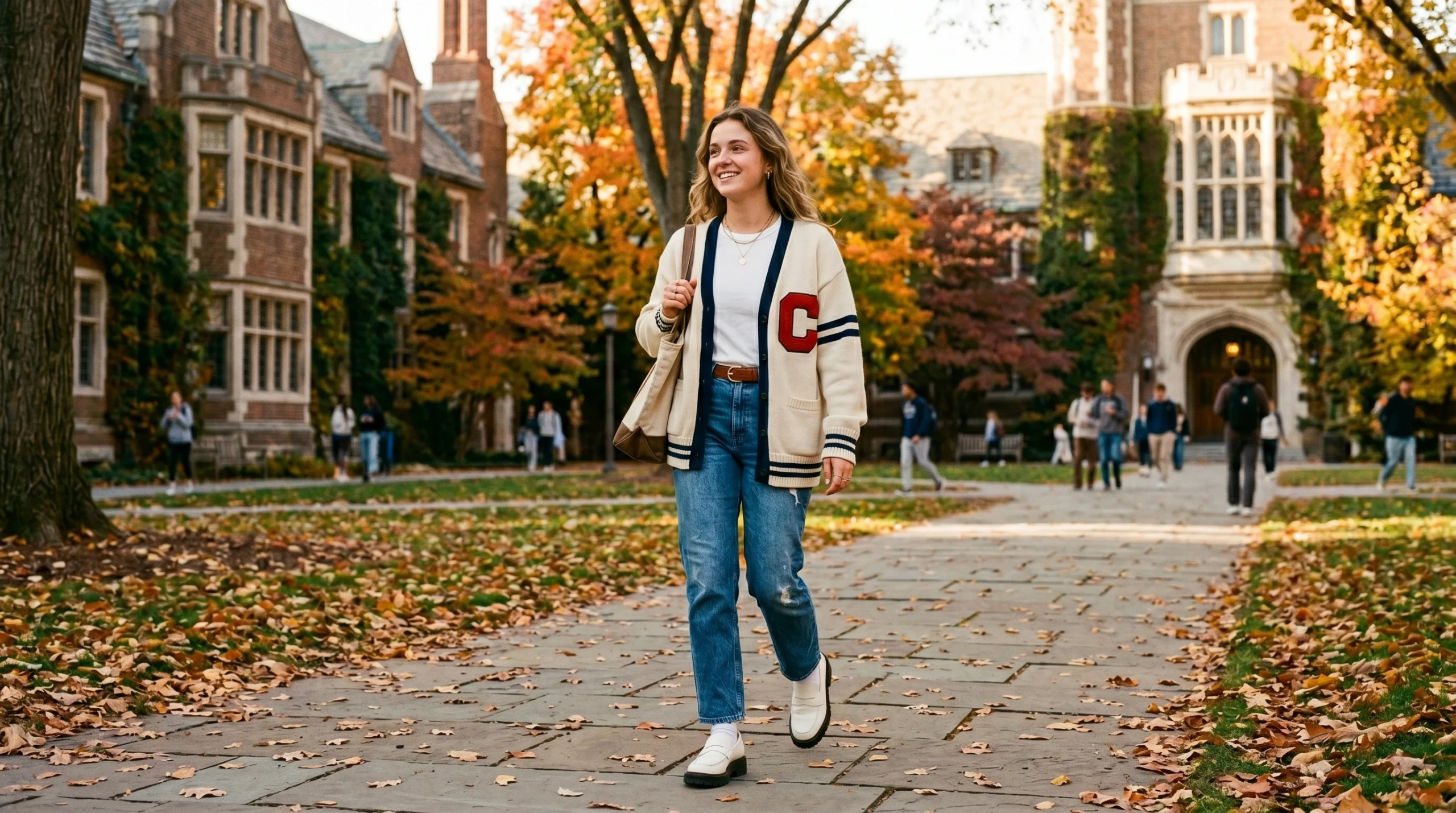 Womens oversized varsity cardigan sweater in cream with navy stripe trim and red chenille letter styled with high waisted denim