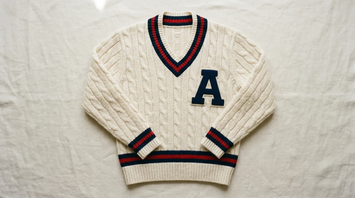 Classic varsity sweater with chenille block letter patch and striped trim showing the iconic letterman style for 2026