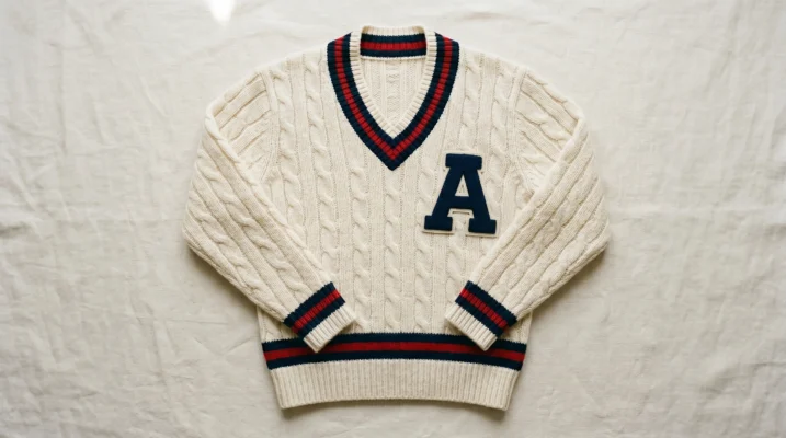 Classic varsity sweater with chenille block letter patch and striped trim showing the iconic letterman style for 2026
