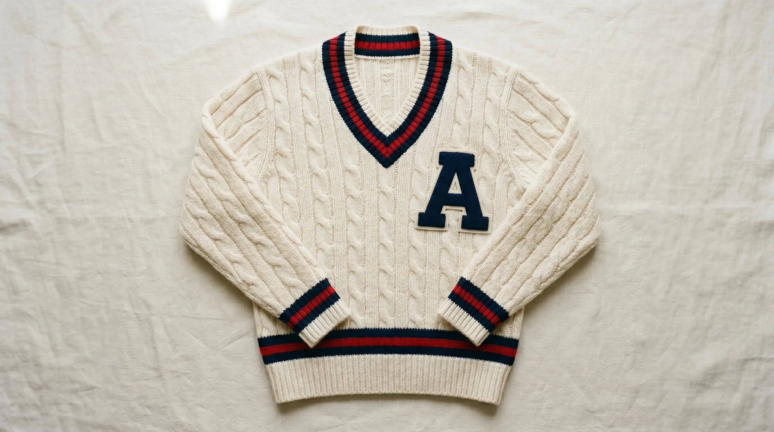 Classic varsity sweater with chenille block letter patch and striped trim showing the iconic letterman style for 2026