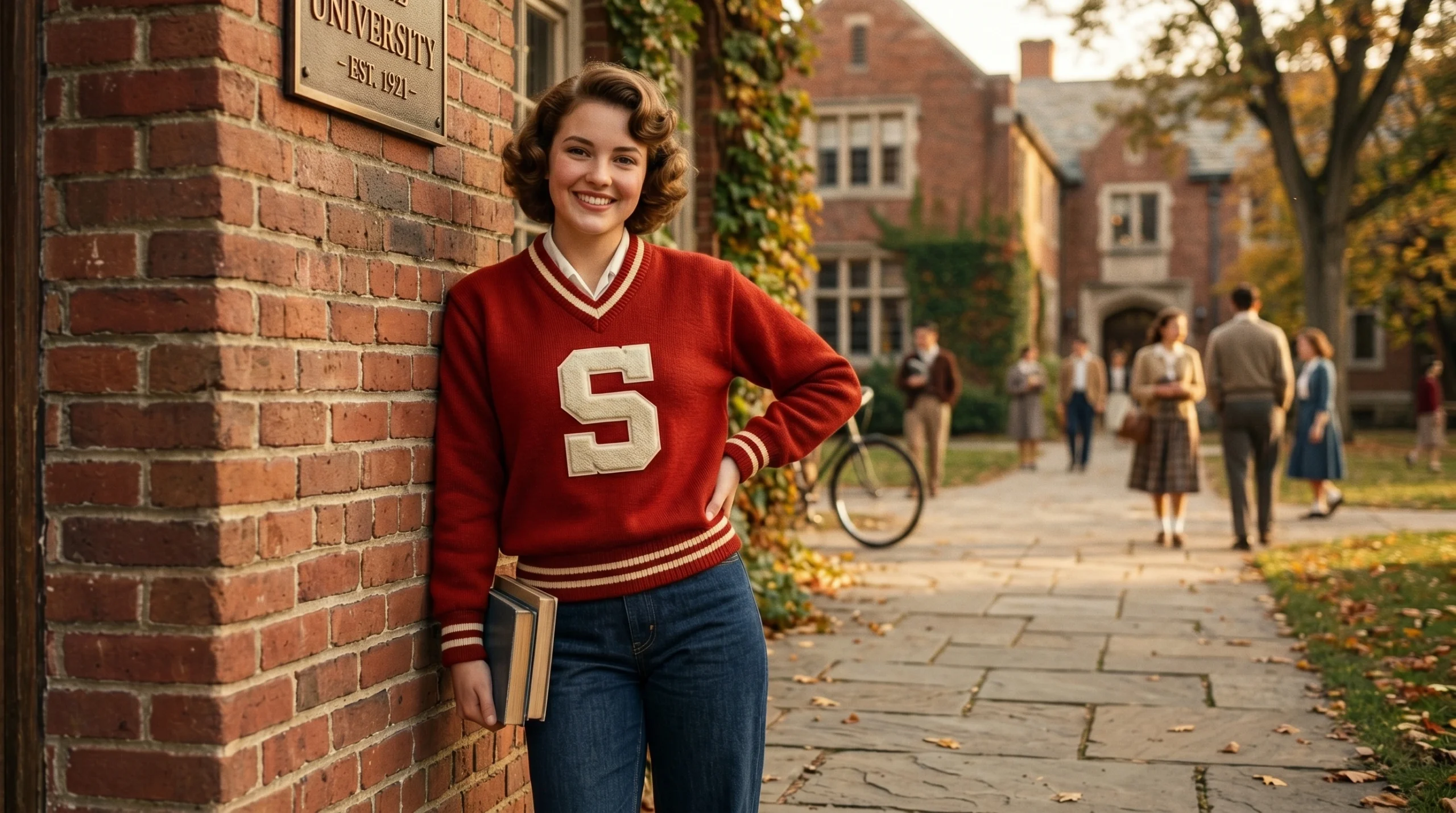 Authentic vintage 1950s varsity letterman sweater in red wool with cream stripe trim and large white chenille block letter