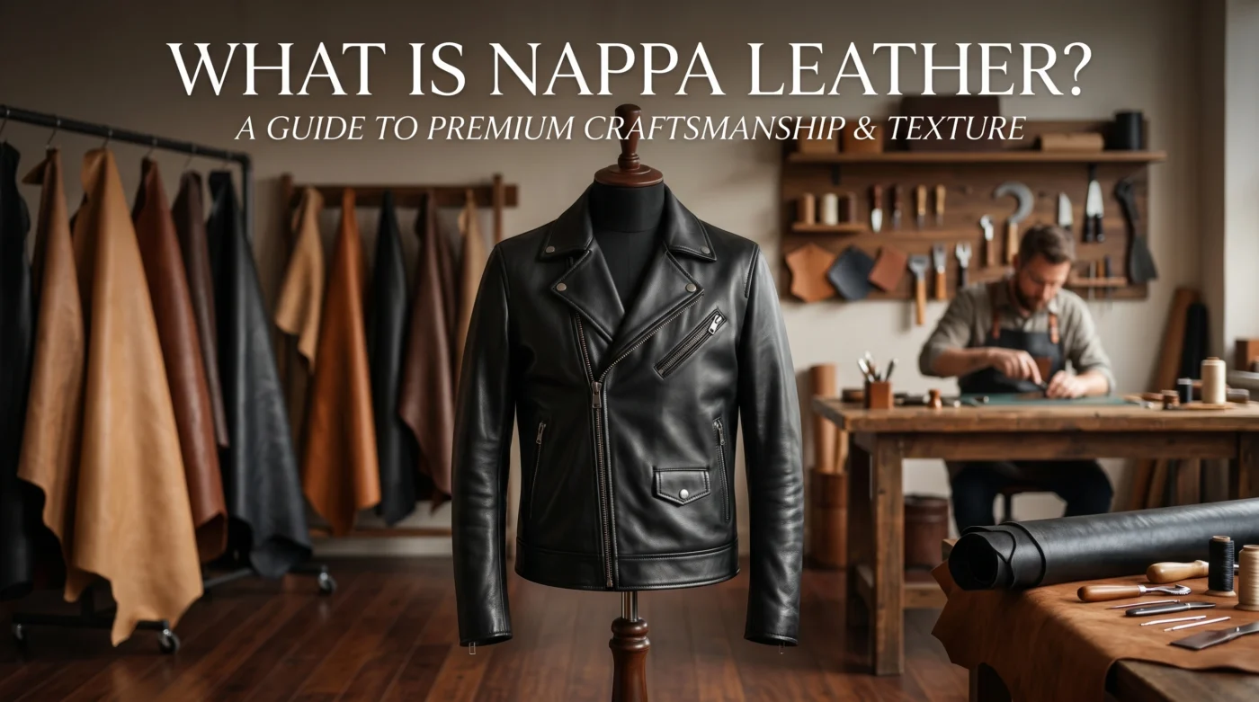 What Is Nappa Leather premium black leather jacket displayed in a luxury leather workshop with leather hides and artisan tools