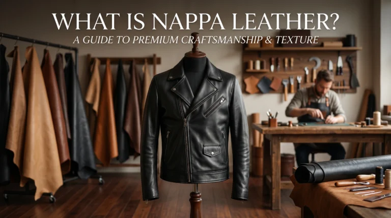 What Is Nappa Leather premium black leather jacket displayed in a luxury leather workshop with leather hides and artisan tools