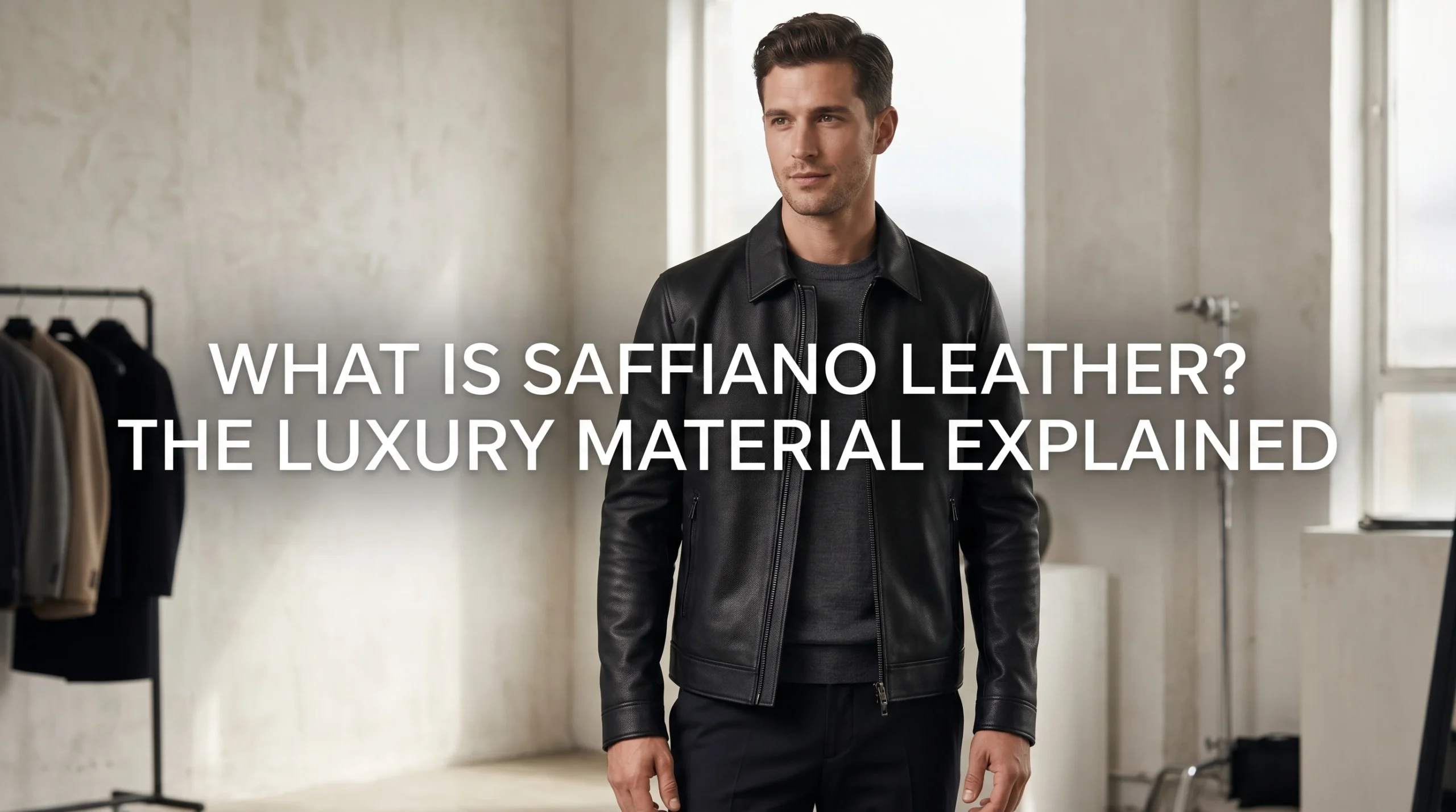 Black Saffiano leather jacket with cross-hatch texture displayed in a luxury fashion studio setting
