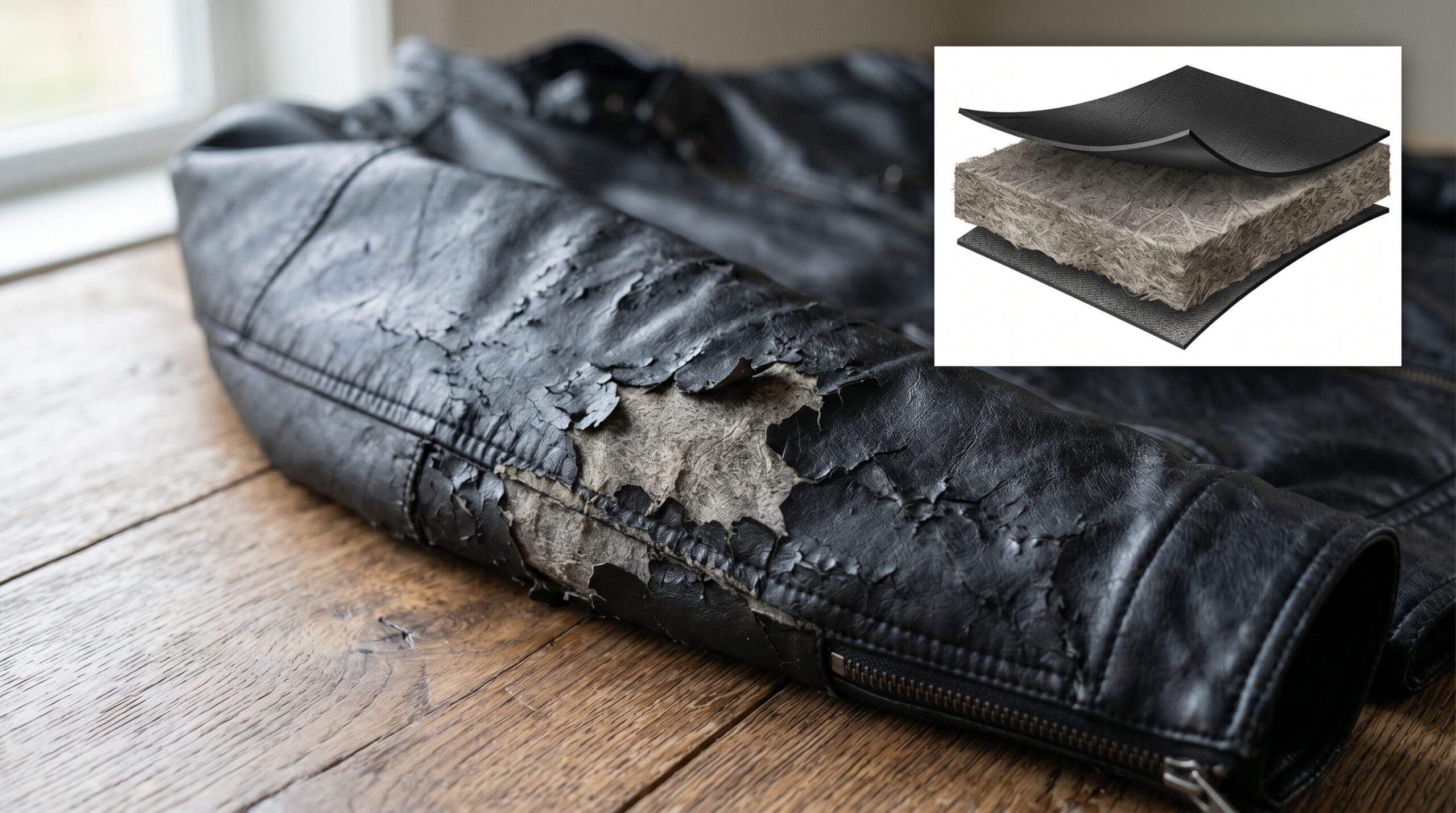 Bonded leather jacket sleeve peeling and flaking surface close-up