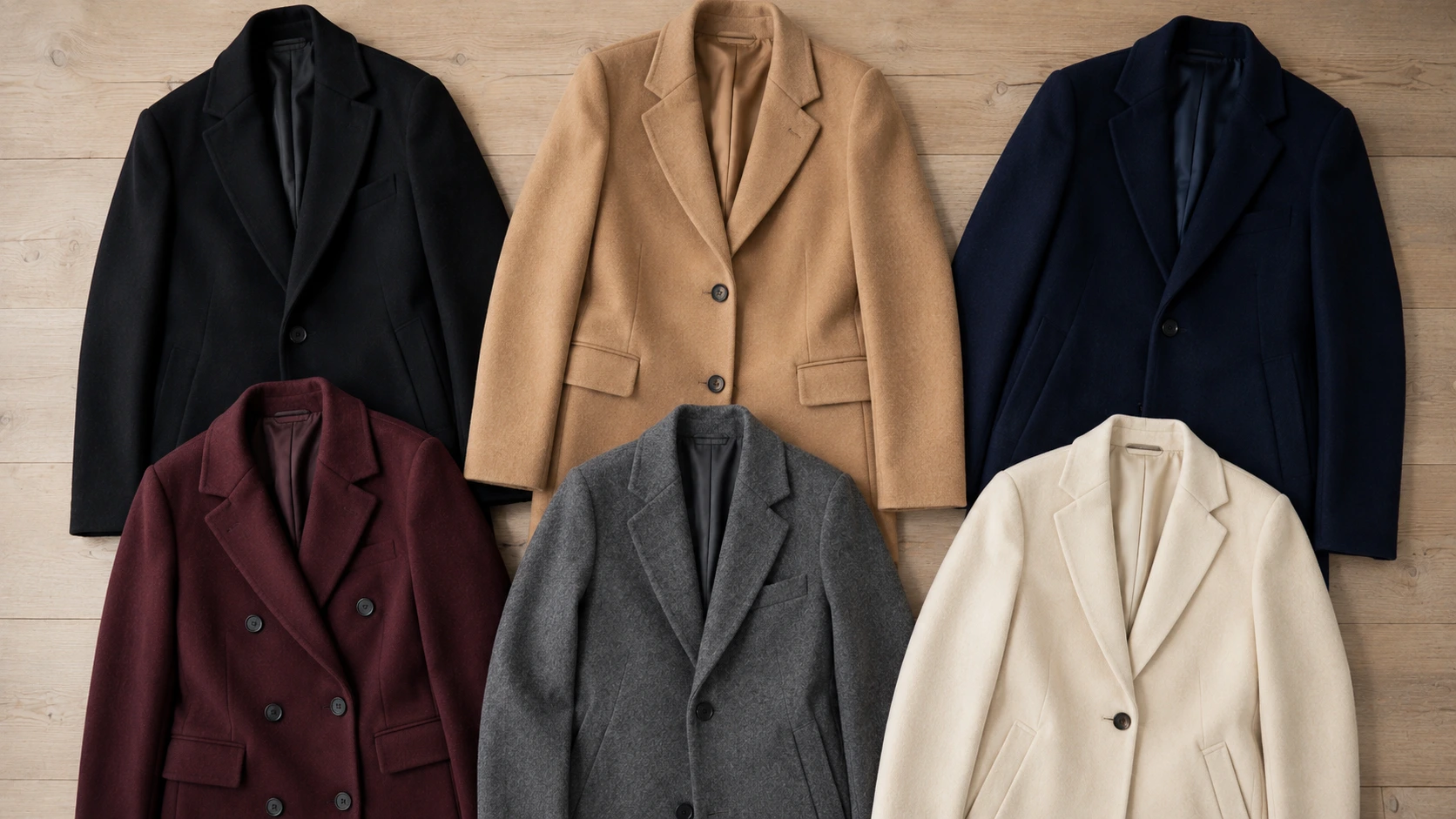 Flat lay of six wool coats in different colors and styles, including black, camel, navy, and burgundy