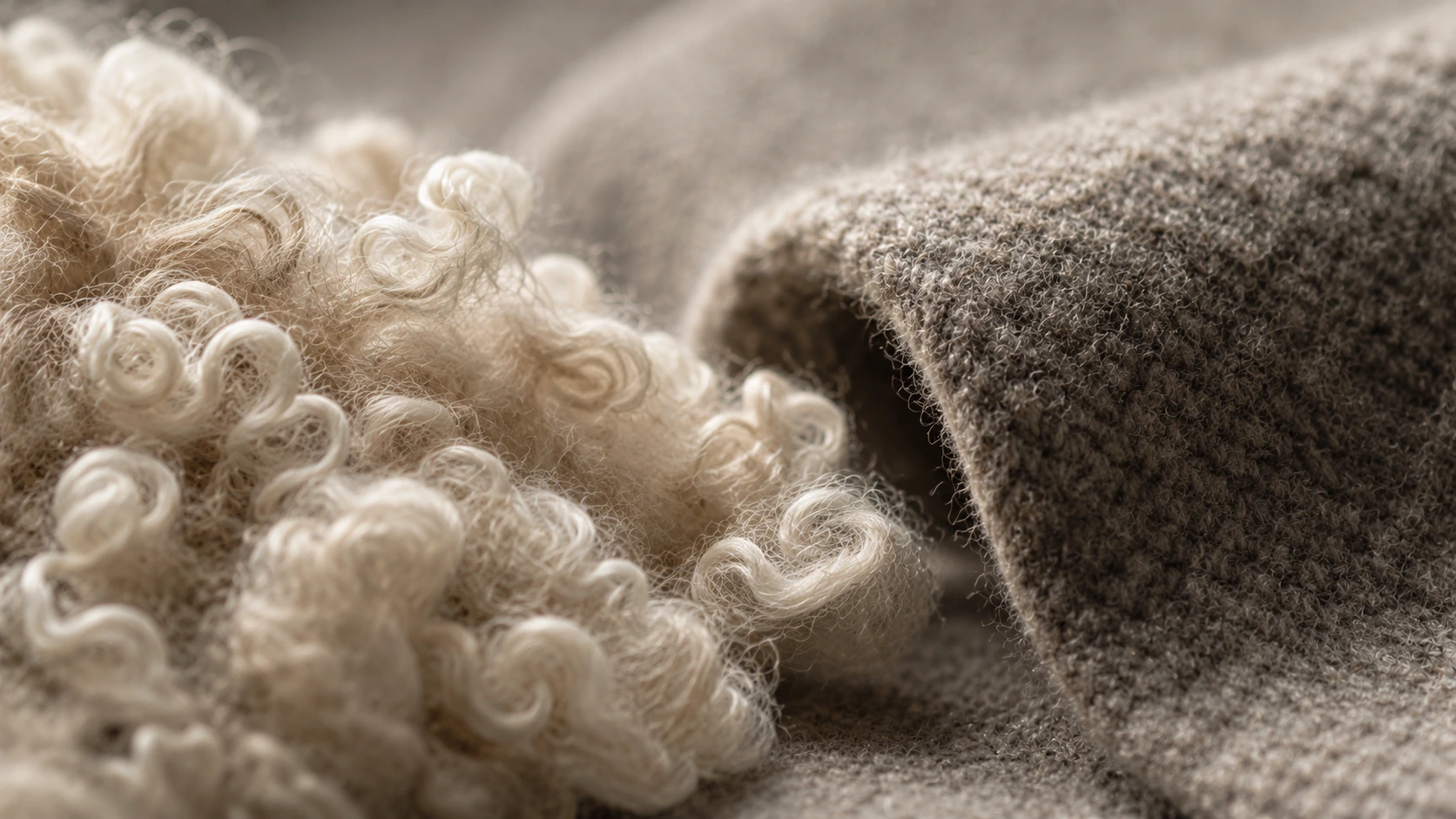 Macro view of raw wool fiber next to a folded swatch of woven wool fabric