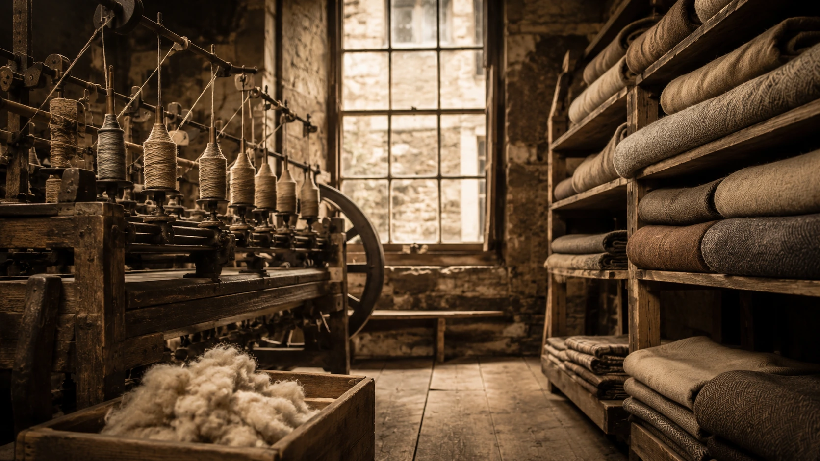 Old European wool mill with spinning equipment and stacked bolts of wool fabric