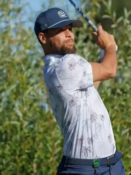 Flat layout of the Stephen Curry ACC Palm Tree Polo Shirt highlighting the neat shirt style collar.