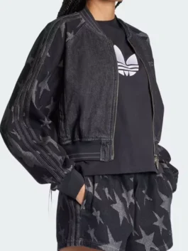Denim Graphic Varsity Bomber Black Jacket