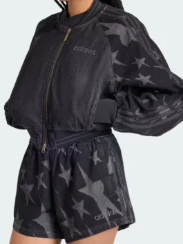 Denim Graphic Varsity Bomber Black Jacket