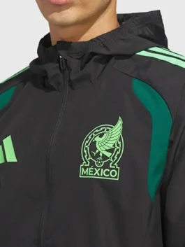 Black Adidas Mexico 26 Tiro All Weather Jacket with durable weather-resistant polyester and functional hood.