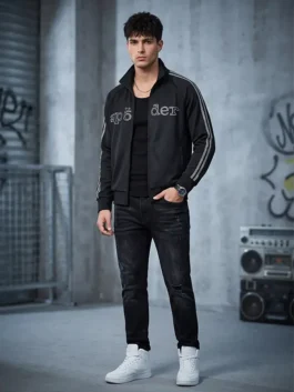 Complete look of Adidas Spider Rhinestone Black Track Jacket featuring two outside pockets and stand up collar.