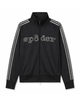 Front view of Adidas x Sp5der Rhinestone Jacket in black fleece with stand up collar and secure front zipper closure.