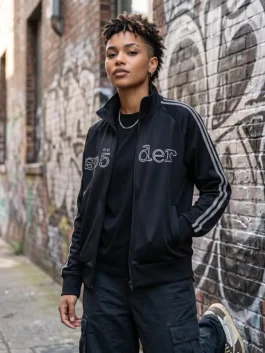 Black fleece Adidas x Spider Rhinestone Jacket with a warm viscose lining, full sleeves, and neat rib knitted cuffs.