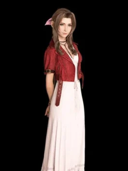 Aerith Gainsborough from Final Fantasy 7 Remake wearing a red cropped leather jacket over a white dress