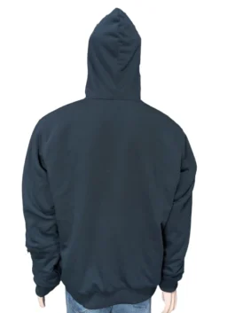 Rear view of the dark navy blue Airplane Mode Travel Hoodie on a mannequin, showcasing the clean back panel and the structured hood.