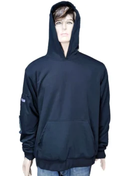 Front view of the dark navy blue Airplane Mode Travel Hoodie on a mannequin, featuring a cozy hood, a spacious front kangaroo pocket, and a utility zipper pocket on the right sleeve.