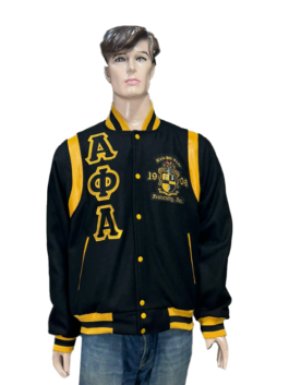Full front view of a mannequin wearing the Alpha Phi Alpha black wool varsity jacket with gold leather sleeves, snap-button closure, dual slash pockets, and fraternity patches.