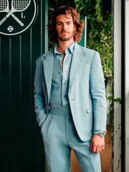 Front view of Andrew Garfield IWC Attends Wimbledon Suit featuring structured tailoring, clean lapels, and a refined silhouette