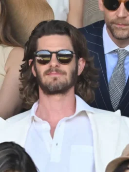 Close-up of Andrew Garfield White Double Breasted Suit highlighting premium fabric texture, double-breasted buttons, stitching, and tailored craftsmanship
