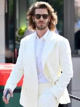 Front view of Andrew Garfield White Double Breasted Suit featuring clean lapels, double-breasted buttons, and a tailored white silhouette