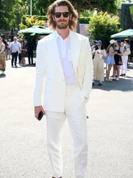 Andrew Garfield White Double Breasted Suit featuring premium tailoring, a structured fit, and a classic white formal design