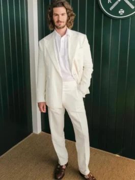 Andrew Garfield White Double Breasted Suit featuring a crisp white finish, double-breasted tailoring, and celebrity-inspired formal styling