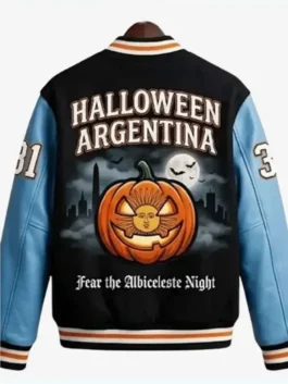Back look of Argentina Halloween Varsity Jacket featuring Halloween graphics, Argentina-inspired design, and a classic varsity profile