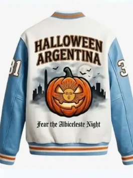 Back view of Argentina Halloween Varsity Jacket featuring Argentina-inspired graphics, Halloween-themed detailing, and classic varsity styling
