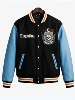 Front look of Argentina Halloween Varsity Jacket featuring Halloween-inspired artwork, Argentina-themed accents, and classic varsity construction