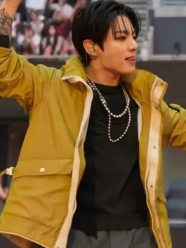 Mustard polyester Arirang London Tour Jungkook Cyberpunk Jacket displaying two practical outside utility pockets.