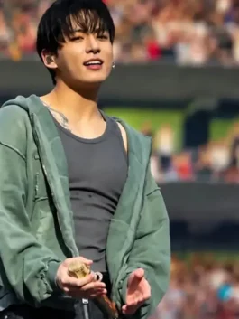 Green Jungkook Arirang London Green Hoodie showing its cozy ribbed cuffs and high-quality fleece panels.